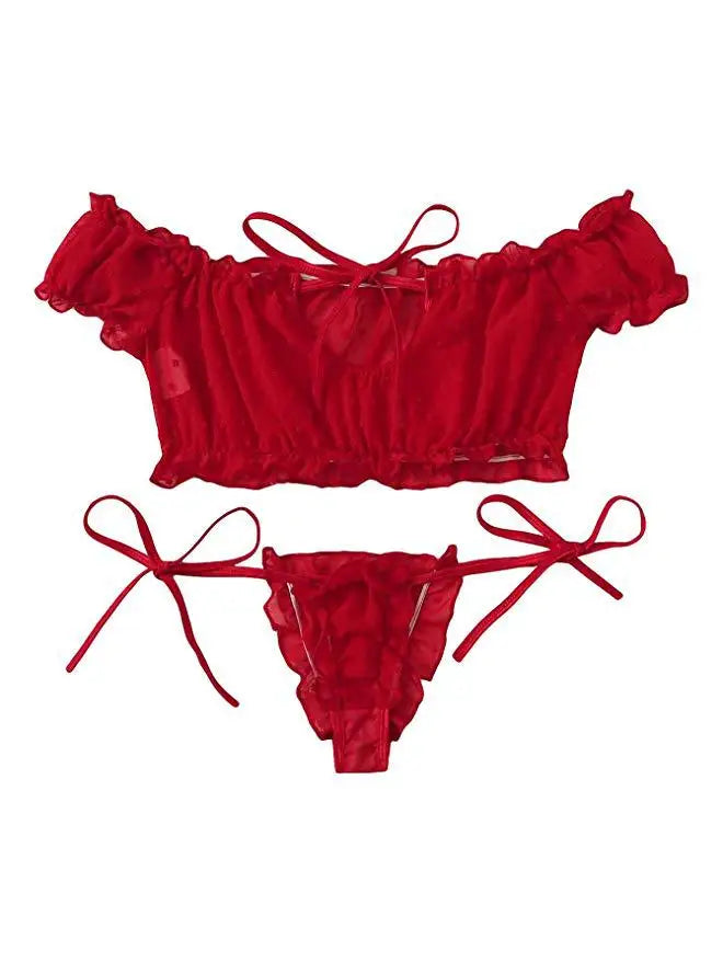 Conjunto de Lencería Sexy para Mujeres: Sujetador de Malla con Volantes y Tanga