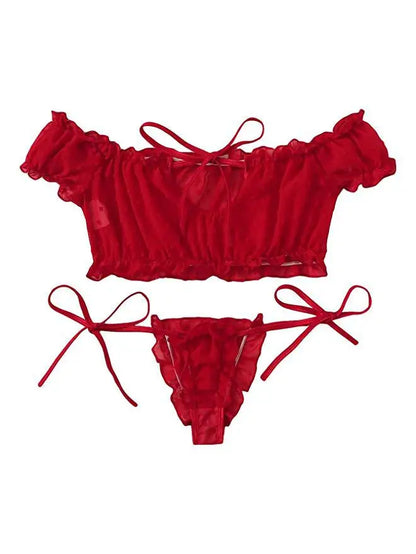 Conjunto de Lencería Sexy para Mujeres: Sujetador de Malla con Volantes y Tanga