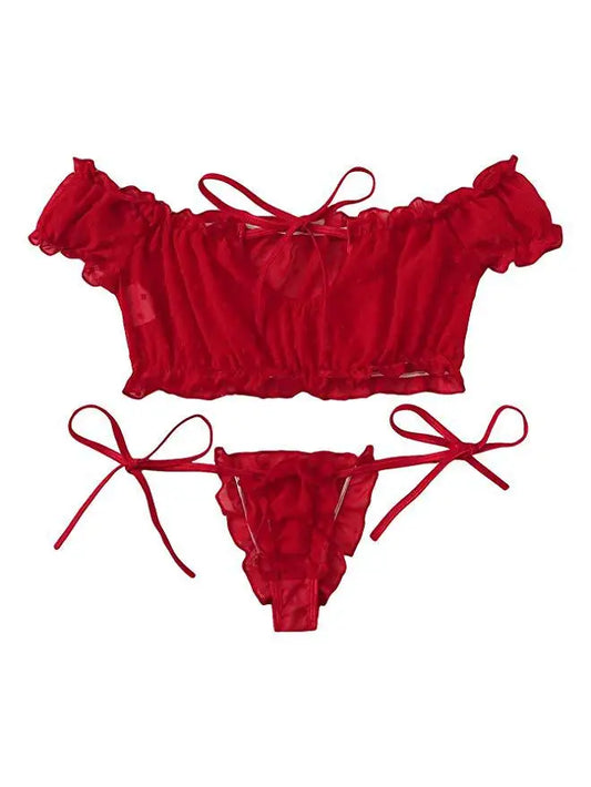 Conjunto de Lencería Sexy para Mujeres: Sujetador de Malla con Volantes y Tanga
