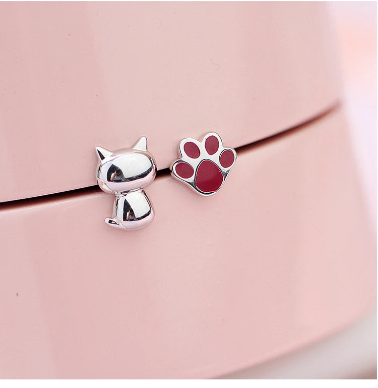 Pendientes asimétricos de Plata de Ley 925 con patas de gato para mujer, joyería de moda con personalidad