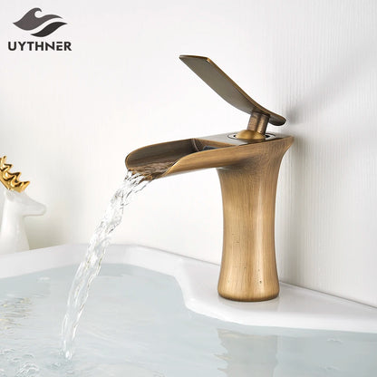 Grifo de Lavabo en Cascada de Latón Antiguo | Mezclador de Agua Caliente y Fría | Grifo de Baño con Manija Única | Accesorio de Lavabo Elegante