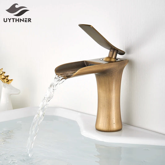 Grifo de Lavabo en Cascada de Latón Antiguo | Mezclador de Agua Caliente y Fría | Grifo de Baño con Manija Única | Accesorio de Lavabo Elegante