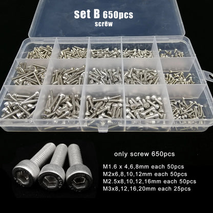 Kit de Tornillos y Tuercas de Acero Inoxidable 304 M1.6 M2 M2.5 M3 M4 M5 - 400/650/1140/2100 Piezas con Juego de Llaves Hexagonales