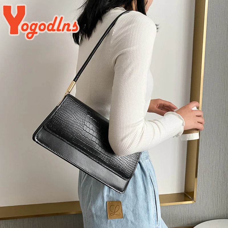 Yogodlns Invierno Bolso de Hombro con Patrón de Cocodrilo: Elegante Bolso Vintage con Solapa