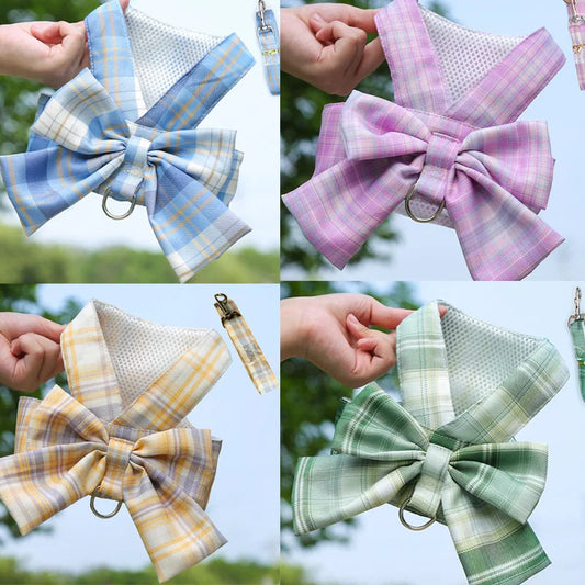 Conjunto de Arnés y Correa para Perro, Ajustable, con Lazo y Diseño Adorable, Sin Tirones, Correa Suave de Malla, Collar para Cachorro, Paseo al Aire Libre