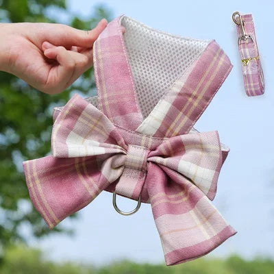 Conjunto de Arnés y Correa para Perro, Ajustable, con Lazo y Diseño Adorable, Sin Tirones, Correa Suave de Malla, Collar para Cachorro, Paseo al Aire Libre