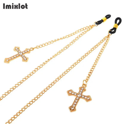 1PC Cadena de Gafas de Metal Dorado con Múltiples Estilos: Cadena para Gafas con Colgante de Fresa, Cruz, Flor - Sujeta Cordón para Lentes de Lectura