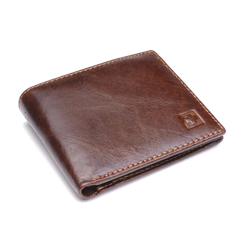 Cartera de Cuero Genuino para Hombre - Billetera Bifold con Protección RFID, Bolsillo para Monedas y Caja de Regalo - Negro/Marrón