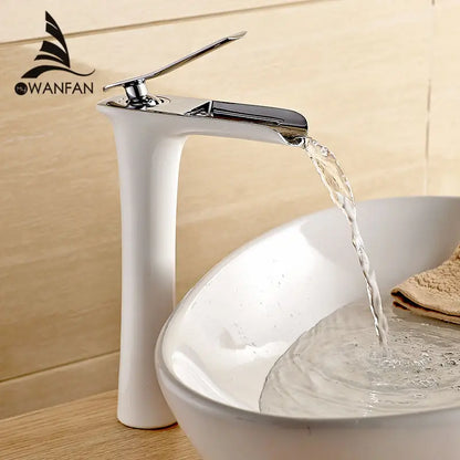 Grifo de Lavabo Moderno Blanco | Grifo de Agua en Cascada | Mezclador de Agua Caliente y Fría | Montaje de Un Solo Orificio