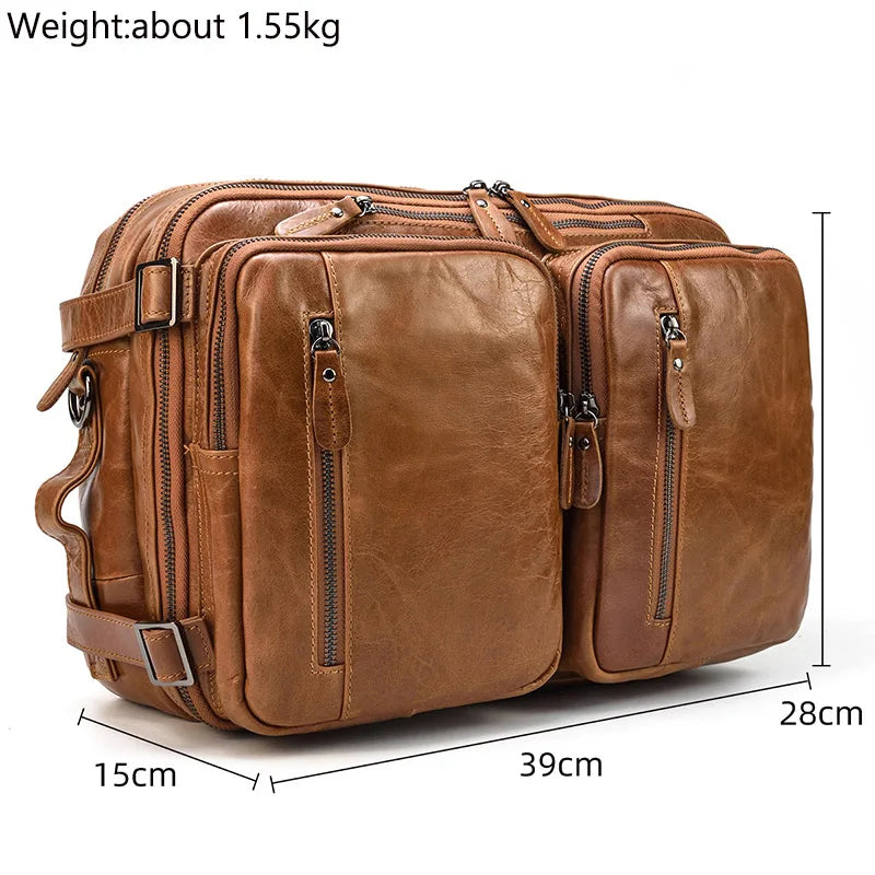 Maletín de Negocios para Hombre en Cuero Genuino Suave - Bolsa Multifuncional 3 en 1, Maletín, Bandolera y Tote para Laptop de 14 Pulgadas