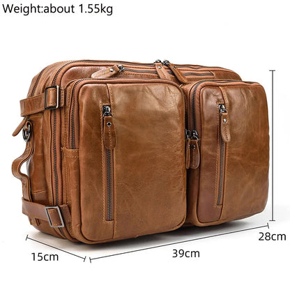 Maletín de Negocios para Hombre en Cuero Genuino Suave - Bolsa Multifuncional 3 en 1, Maletín, Bandolera y Tote para Laptop de 14 Pulgadas