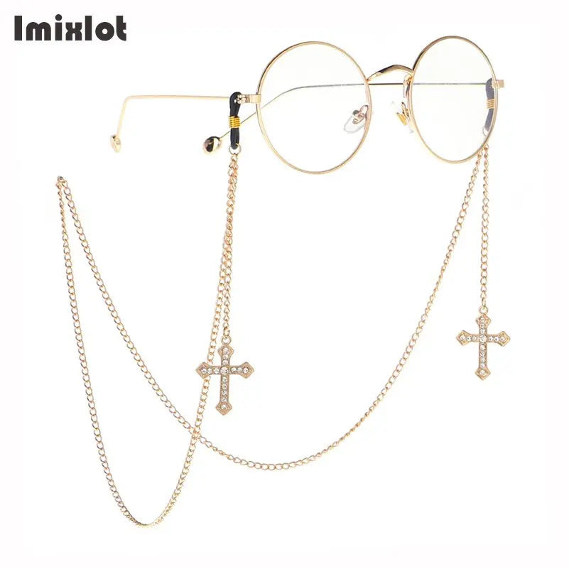 1PC Cadena de Gafas de Metal Dorado con Múltiples Estilos: Cadena para Gafas con Colgante de Fresa, Cruz, Flor - Sujeta Cordón para Lentes de Lectura