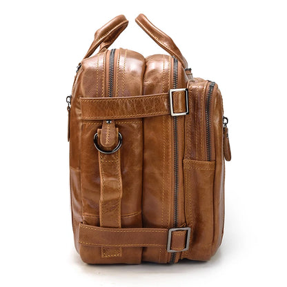 Maletín de Negocios para Hombre en Cuero Genuino Suave - Bolsa Multifuncional 3 en 1, Maletín, Bandolera y Tote para Laptop de 14 Pulgadas