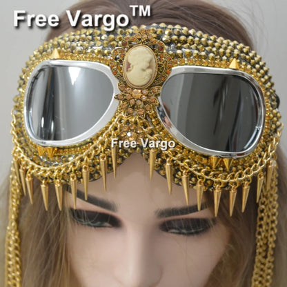 Gafas Holográficas Doradas con Diamantes de Imitación – Diseño con Cadena y Pinchos para Hombre y Mujer, Perfectas para Escenario y DJs