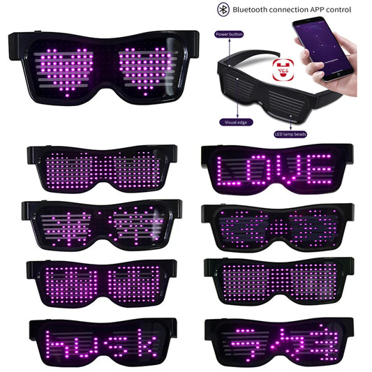 Gafas de Fiesta LED con Control por App y Bluetooth Personalizables Idiomas USB Recargables Luminiscentes para Conciertos, Navidad y Cumpleaños