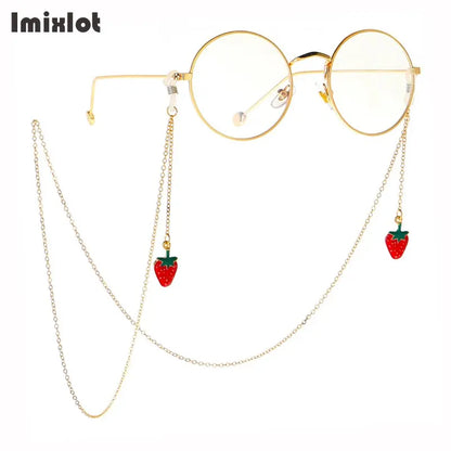 1PC Cadena de Gafas de Metal Dorado con Múltiples Estilos: Cadena para Gafas con Colgante de Fresa, Cruz, Flor - Sujeta Cordón para Lentes de Lectura