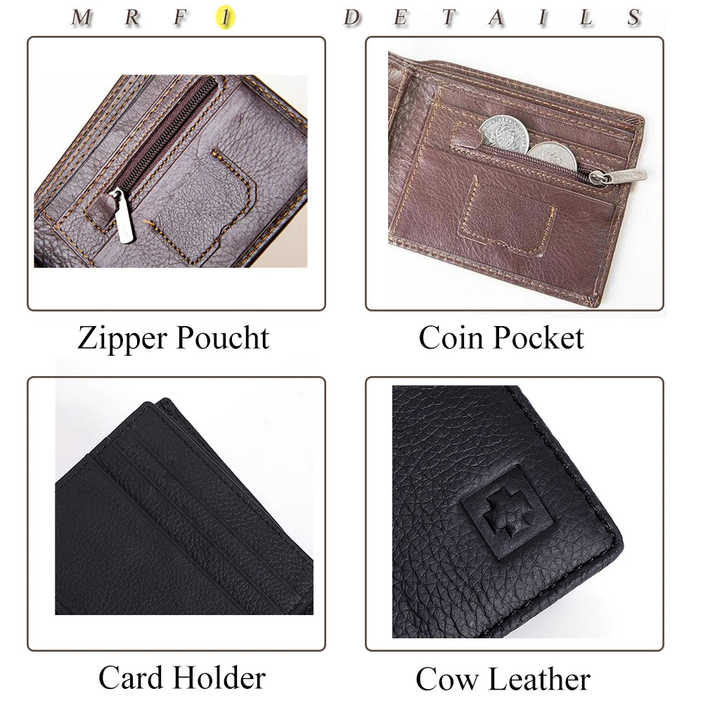Cartera de Cuero Genuino para Hombre - Billetera Bifold con Protección RFID, Bolsillo para Monedas y Caja de Regalo - Negro/Marrón