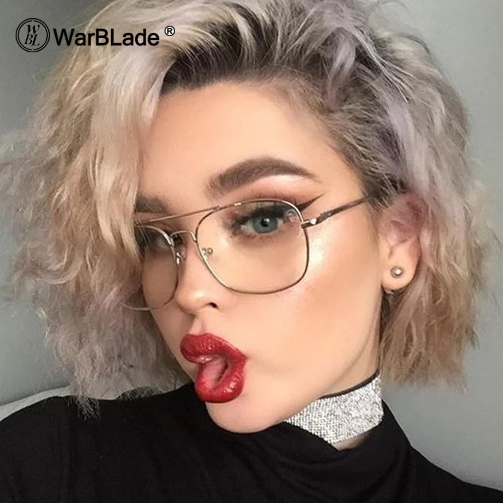 WarBLade - Gafas de Sol con Montura de Metal Dorado para Hombre y Mujer, Lentes Ópticas Cuadradas Retro, Lentes Transparentes de Nerd