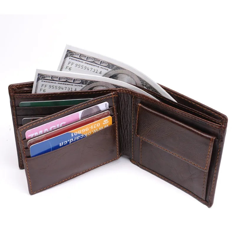 Cartera de Cuero Genuino para Hombre - Billetera Bifold con Protección RFID, Bolsillo para Monedas y Caja de Regalo - Negro/Marrón