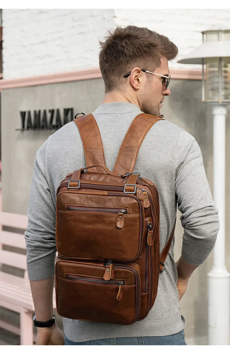 Maletín de Negocios para Hombre en Cuero Genuino Suave - Bolsa Multifuncional 3 en 1, Maletín, Bandolera y Tote para Laptop de 14 Pulgadas