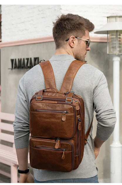 Maletín de Negocios para Hombre en Cuero Genuino Suave - Bolsa Multifuncional 3 en 1, Maletín, Bandolera y Tote para Laptop de 14 Pulgadas