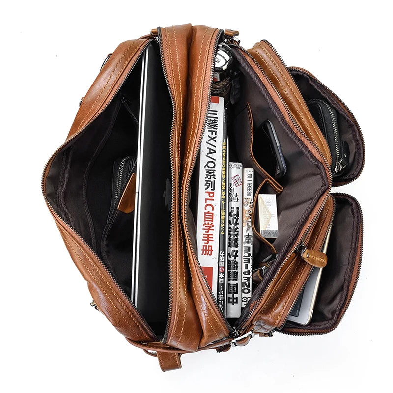 Maletín de Negocios para Hombre en Cuero Genuino Suave - Bolsa Multifuncional 3 en 1, Maletín, Bandolera y Tote para Laptop de 14 Pulgadas