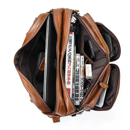 Maletín de Negocios para Hombre en Cuero Genuino Suave - Bolsa Multifuncional 3 en 1, Maletín, Bandolera y Tote para Laptop de 14 Pulgadas