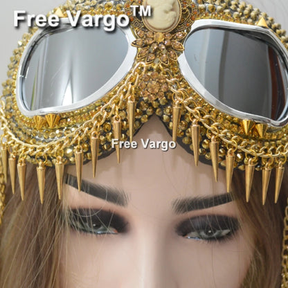 Gafas Holográficas Doradas con Diamantes de Imitación – Diseño con Cadena y Pinchos para Hombre y Mujer, Perfectas para Escenario y DJs