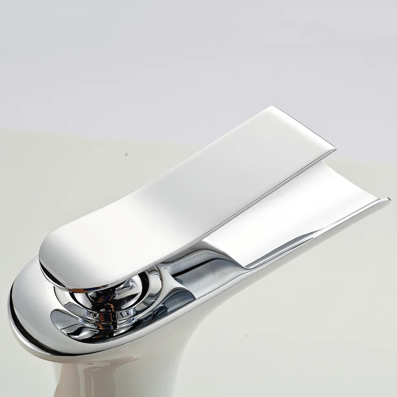 Grifo de Lavabo Moderno Blanco | Grifo de Agua en Cascada | Mezclador de Agua Caliente y Fría | Montaje de Un Solo Orificio