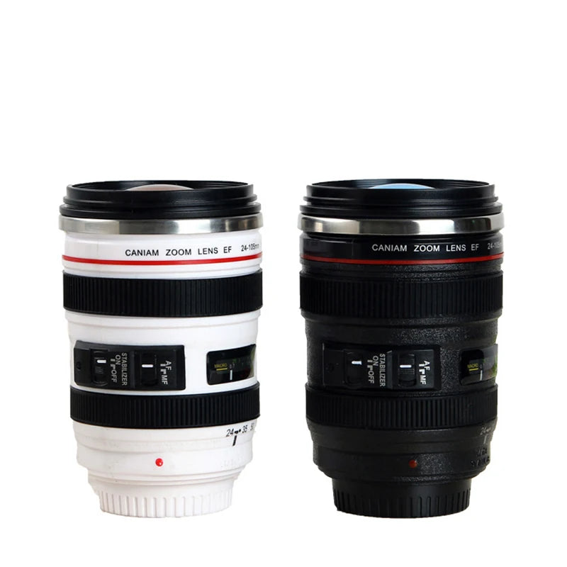 Taza de Café en Forma de Lente de Cámara EF24-105mm | Taza de Acero Inoxidable Blanca y Negra | Regalo Único para Amantes de la Fotografía