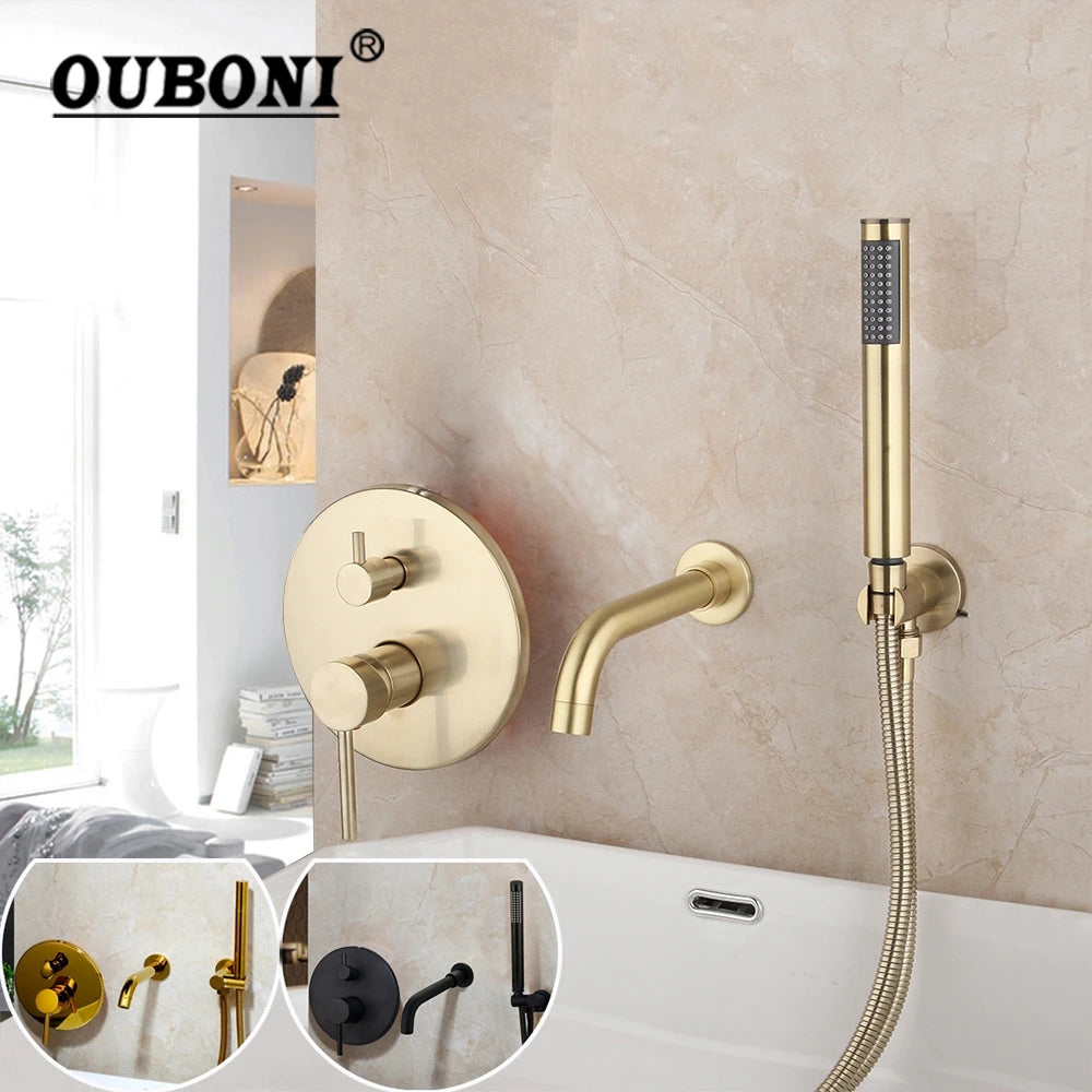 Sistema de Ducha en Oro Cepillado para Baño, Grifo de Bañera Montado en Pared, Mezclador de 2 Vías con Acabado Dorado