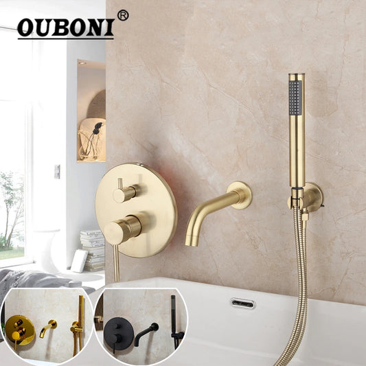 Sistema de Ducha en Oro Cepillado para Baño, Grifo de Bañera Montado en Pared, Mezclador de 2 Vías con Acabado Dorado