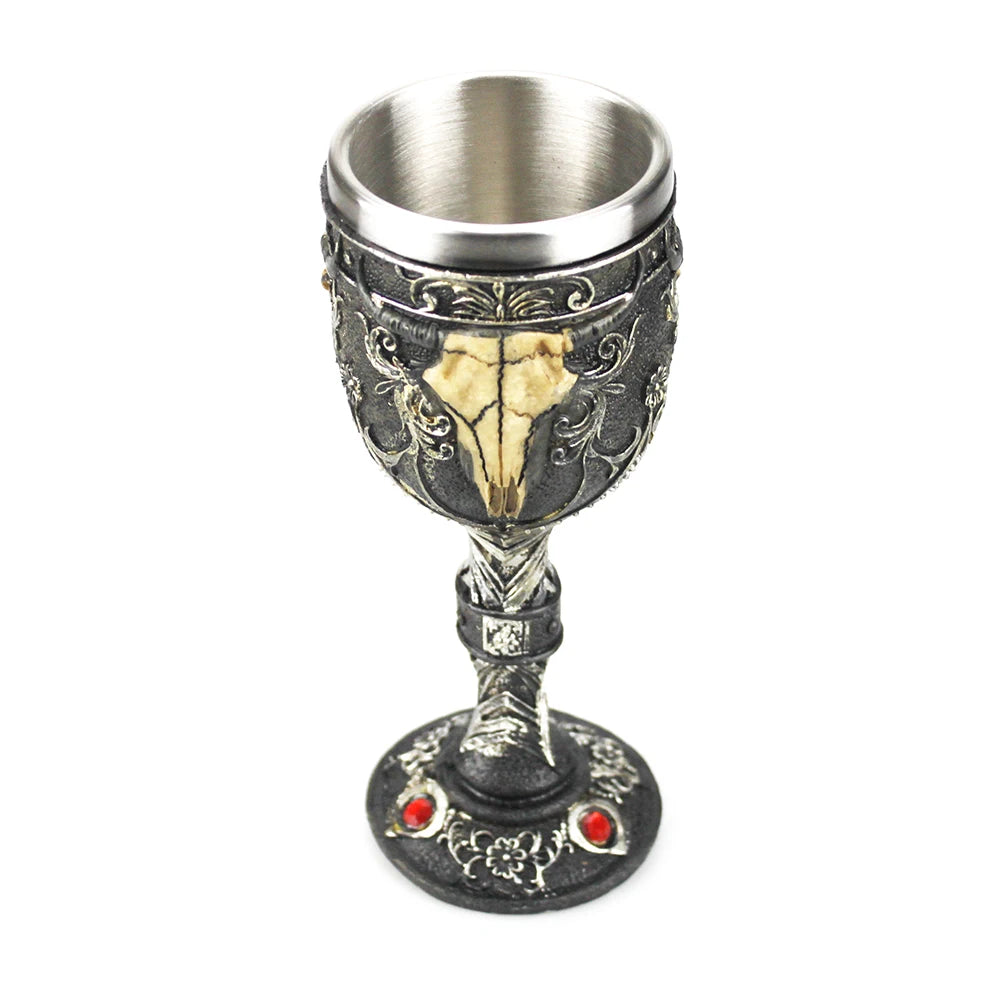 Cáliz Gótico 3D Vikingo de Acero Inoxidable y Resina con Calavera, Garra de Dragón y Espina de Esqueleto, Copa de Vino y Whisky