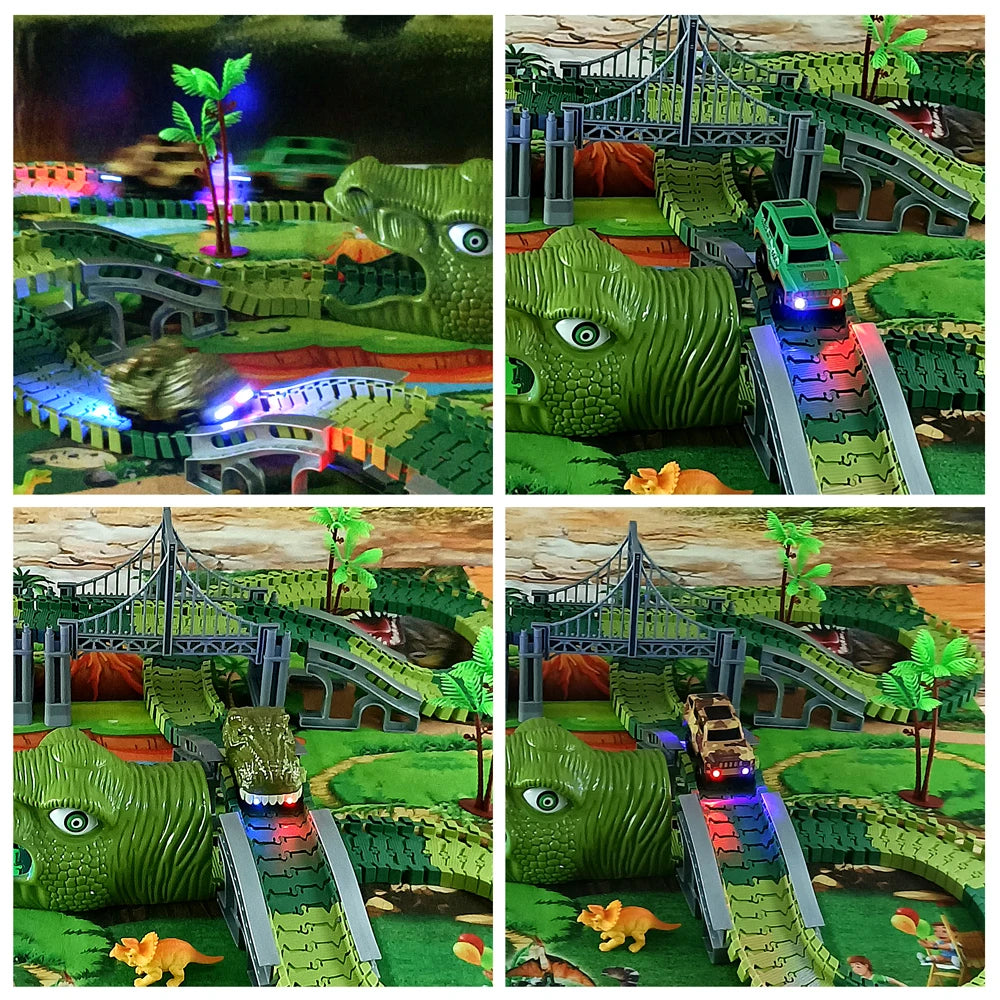 Set de Juguete de Dinosaurios con Pistas Flexibles, Coche de Carreras con Luces Flash, Juguete Educativo para Niños, Regalo de Cumpleaños