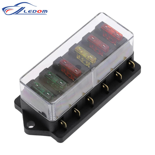 Caja de Fusibles de 6 Vías ATO - Soporte de Fusible DC 12V/24V con Cubierta Plástica y 6 Fusibles de 3A a 30A para Auto