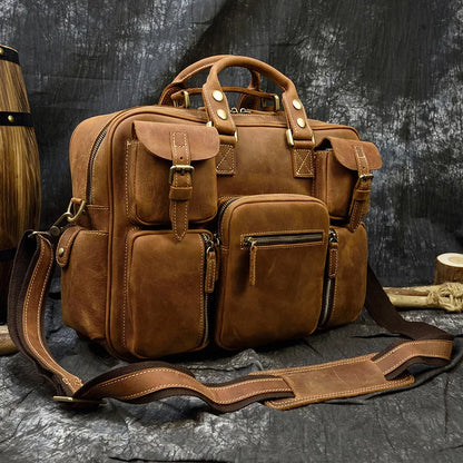 Luufan Maletín Vintage de Cuero Genuino para Hombre - Bolso de Negocios de Piel Crazy Horse con Capacidad para Laptop de 15.6"