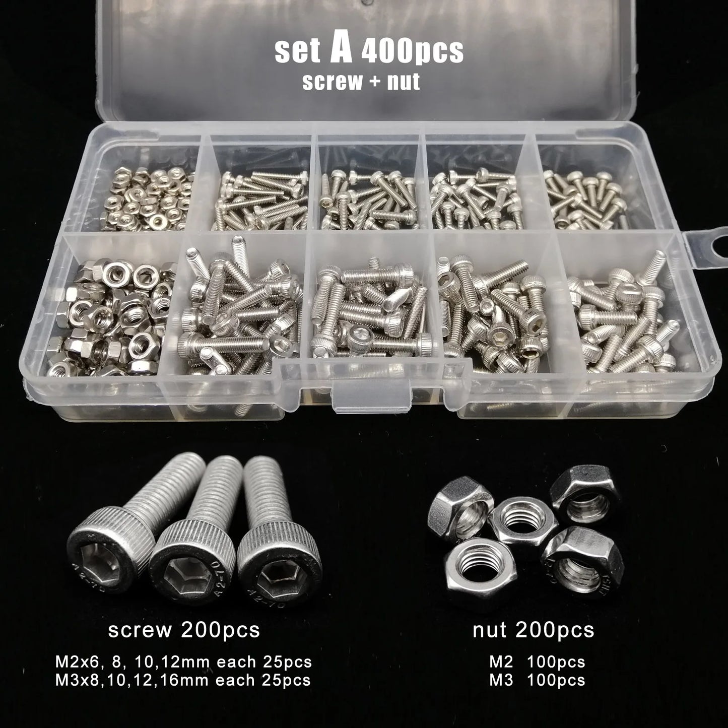 Kit de Tornillos y Tuercas de Acero Inoxidable 304 M1.6 M2 M2.5 M3 M4 M5 - 400/650/1140/2100 Piezas con Juego de Llaves Hexagonales