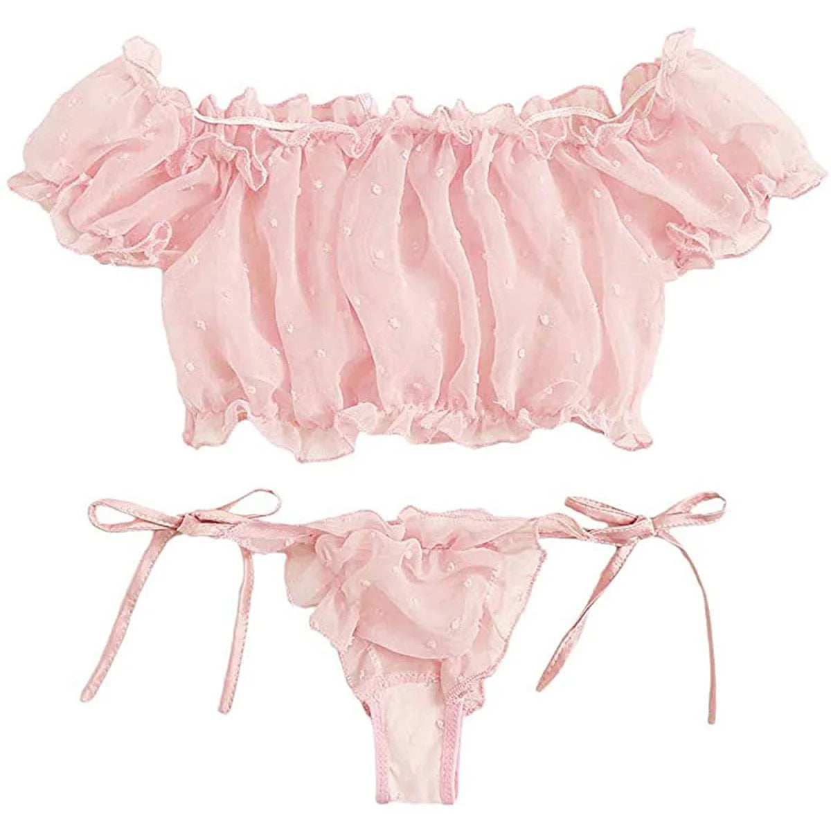 Conjunto de Lencería Sexy para Mujeres: Sujetador de Malla con Volantes y Tanga