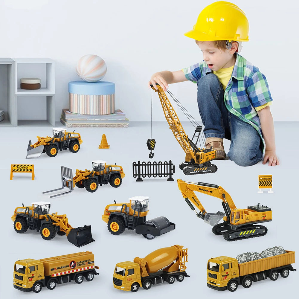 Set de 9 Modelos de Vehículos de Construcción de Aleación, Camiones de Juguete de Metal, Excavadora, Cargador y Tractor para Niños, Regalo Educativo