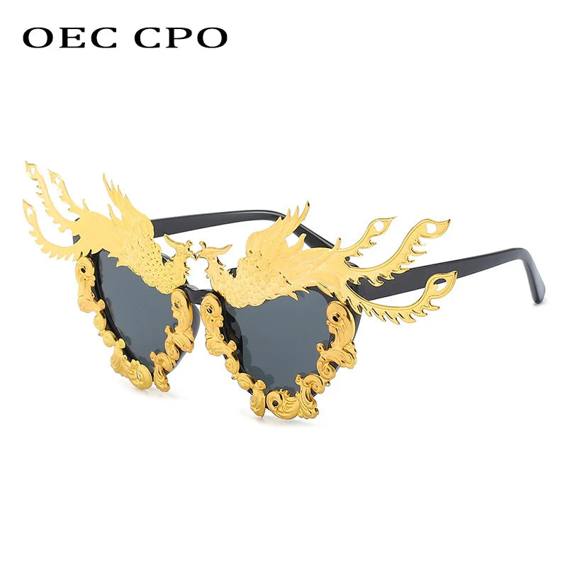 Gafas de Sol con Diseño de Dragón y Fénix - Lentes Doradas Coloridas, Estilo Punk, Modelo O992