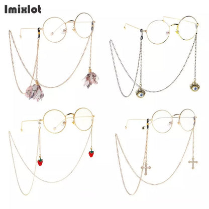1PC Cadena de Gafas de Metal Dorado con Múltiples Estilos: Cadena para Gafas con Colgante de Fresa, Cruz, Flor - Sujeta Cordón para Lentes de Lectura