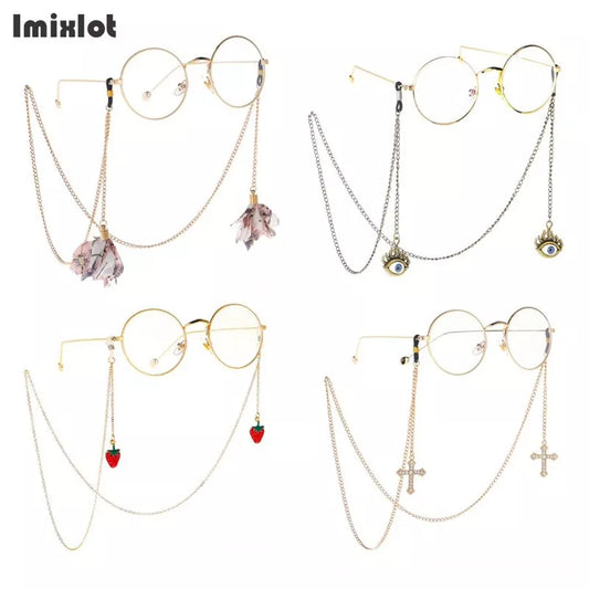 1PC Cadena de Gafas de Metal Dorado con Múltiples Estilos: Cadena para Gafas con Colgante de Fresa, Cruz, Flor - Sujeta Cordón para Lentes de Lectura