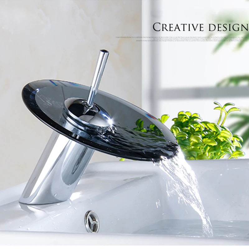 Grifo de Baño con Caída de Agua de Cristal Colorido | Grifo de Mezcla Redondo Montado en Superficie de Acero Inoxidable Cromado