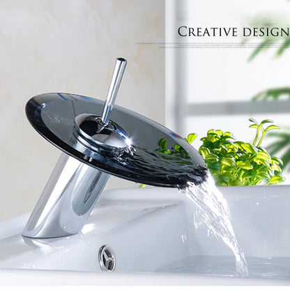 Grifo de Baño con Caída de Agua de Cristal Colorido | Grifo de Mezcla Redondo Montado en Superficie de Acero Inoxidable Cromado