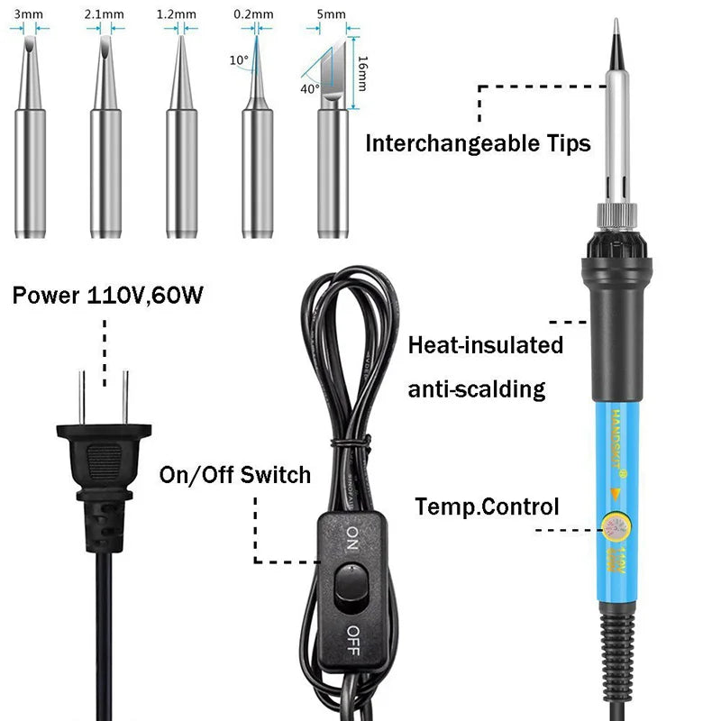 Kit de Soldador Eléctrico 60W con Multímetro Digital, Cautín de Soldadura con Puntas, Herramienta de Ferro de Solda, Set Completo de Soldadura 110V/220V