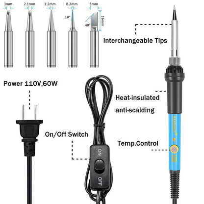 Soldador Eléctrico con Temperatura Ajustable 60W, Estación de Soldadura 220V/110V, Herramienta de Reparación con Punta de Cautín y Accesorios