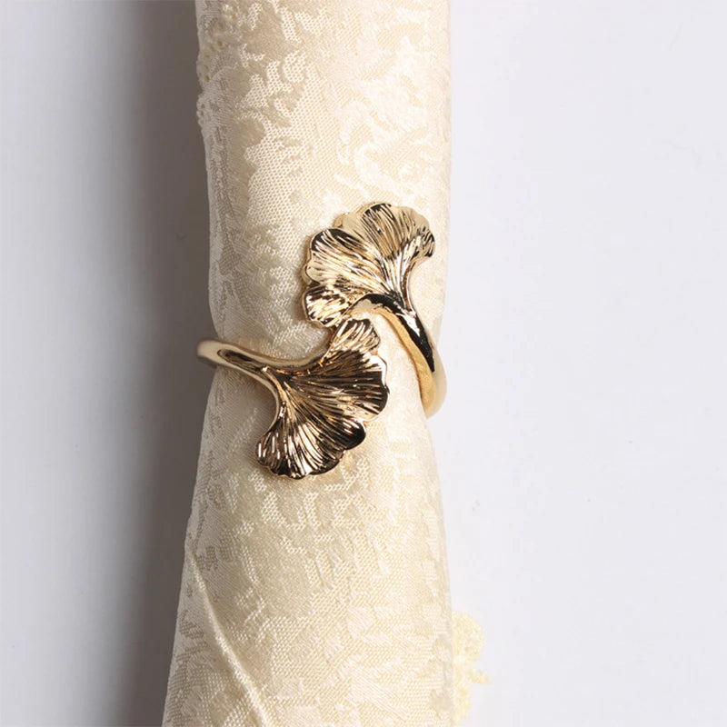 Hebillas de Metal Hoja de Ginkgo - Anillos de Servilleta de Oro Rosa y Plata para Bodas y Eventos (4 Piezas)
