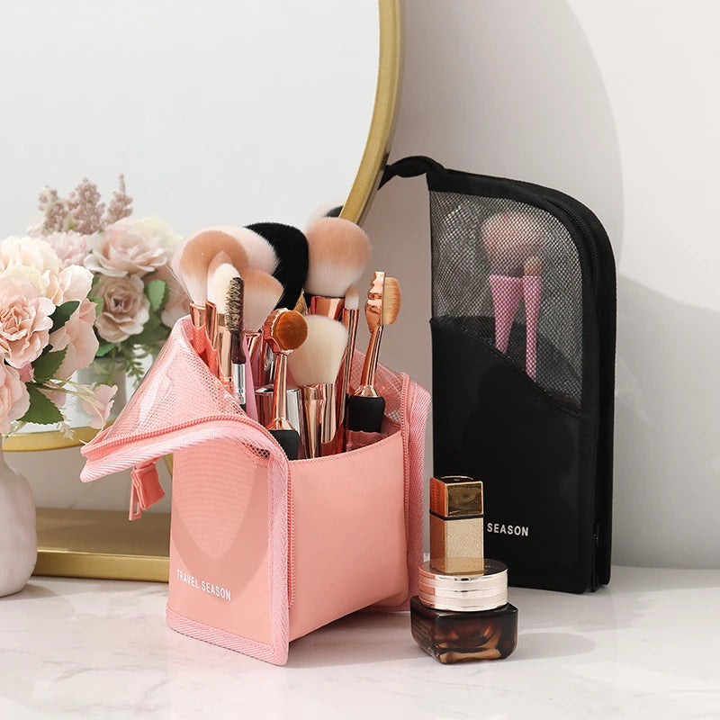Neceser Vertical Transparente con Cremallera para Mujeres - Organizador de Maquillaje y Porta Brochas de Viaje