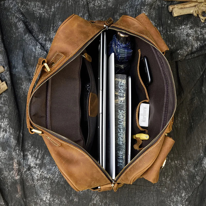 Luufan Maletín Vintage de Cuero Genuino para Hombre - Bolso de Negocios de Piel Crazy Horse con Capacidad para Laptop de 15.6"