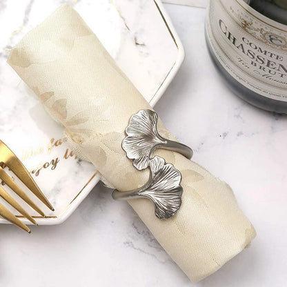 Hebillas de Metal Hoja de Ginkgo - Anillos de Servilleta de Oro Rosa y Plata para Bodas y Eventos (4 Piezas)